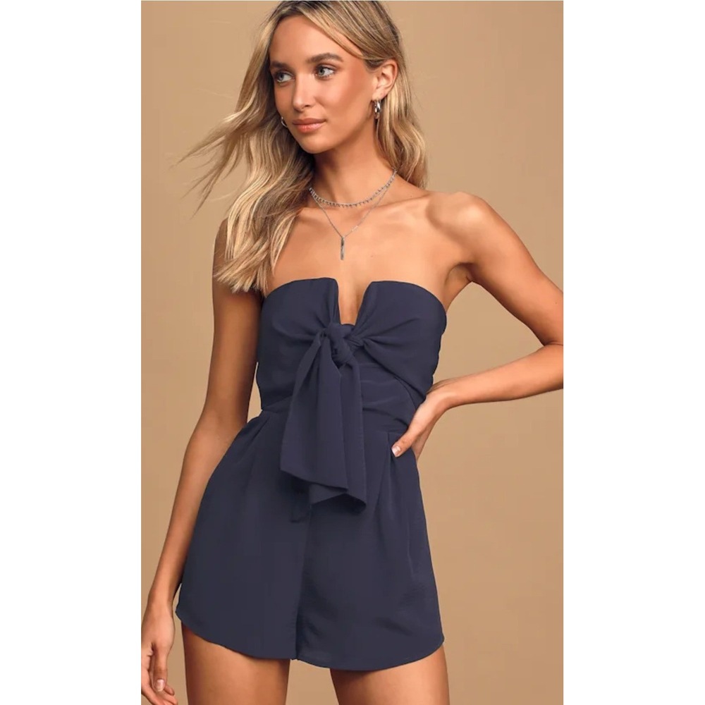 Lulus Strapless Romper Womens Size M Navy Blue Polyester Plunging V Wire Overlay